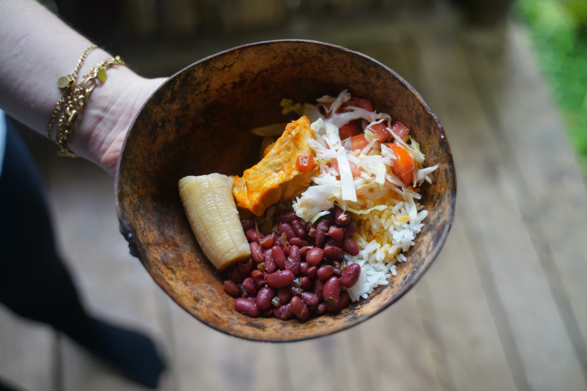 Mittagessen: Kochbanane, Hühnerfleisch, gemischter Salat, Reis (mit Hühnerbrühe) und Kidneybohnen