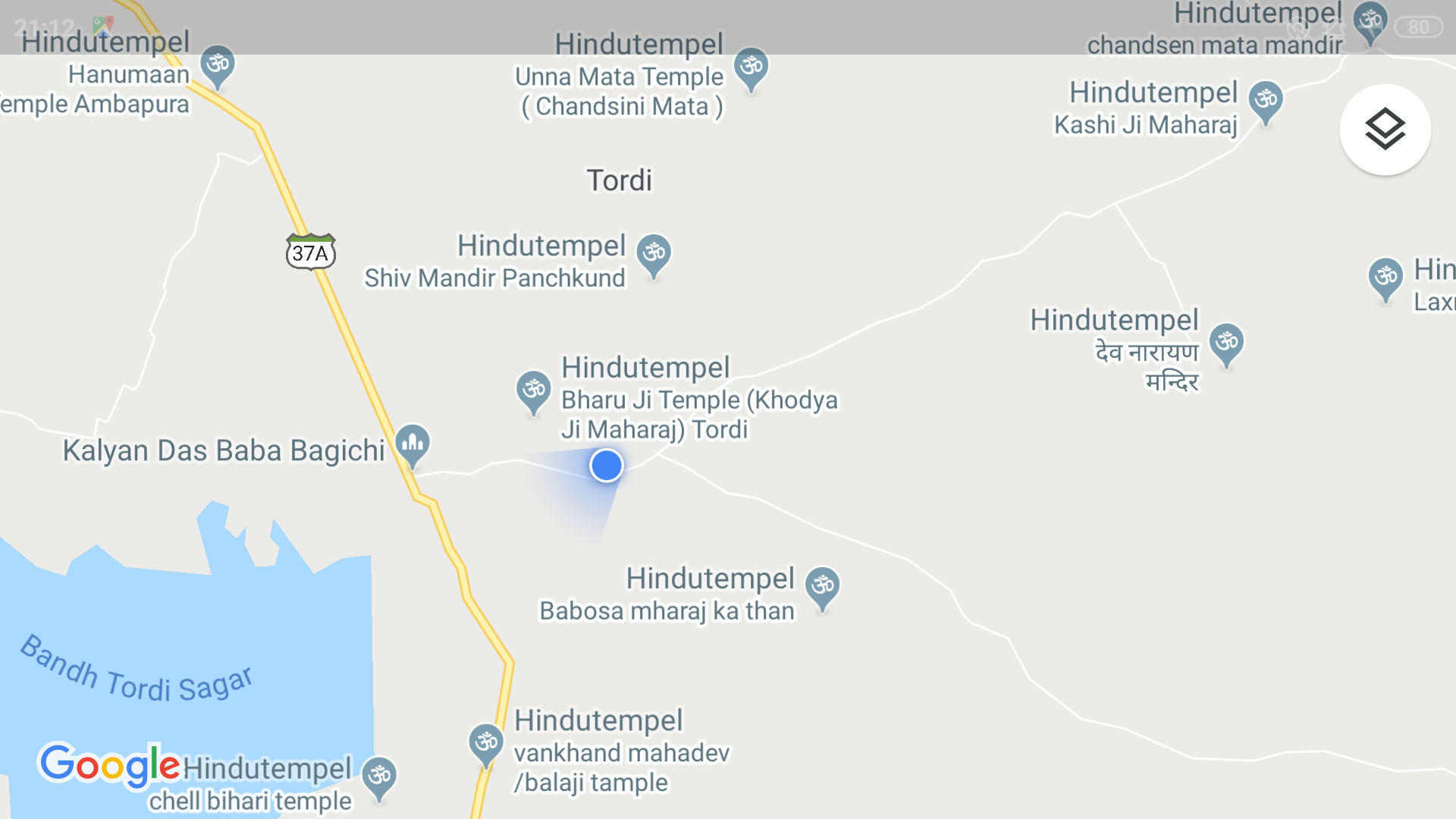 Karte der Umgebung von Tordi, sie zeigt wenig mehr als eine große Zahl Hindutempel