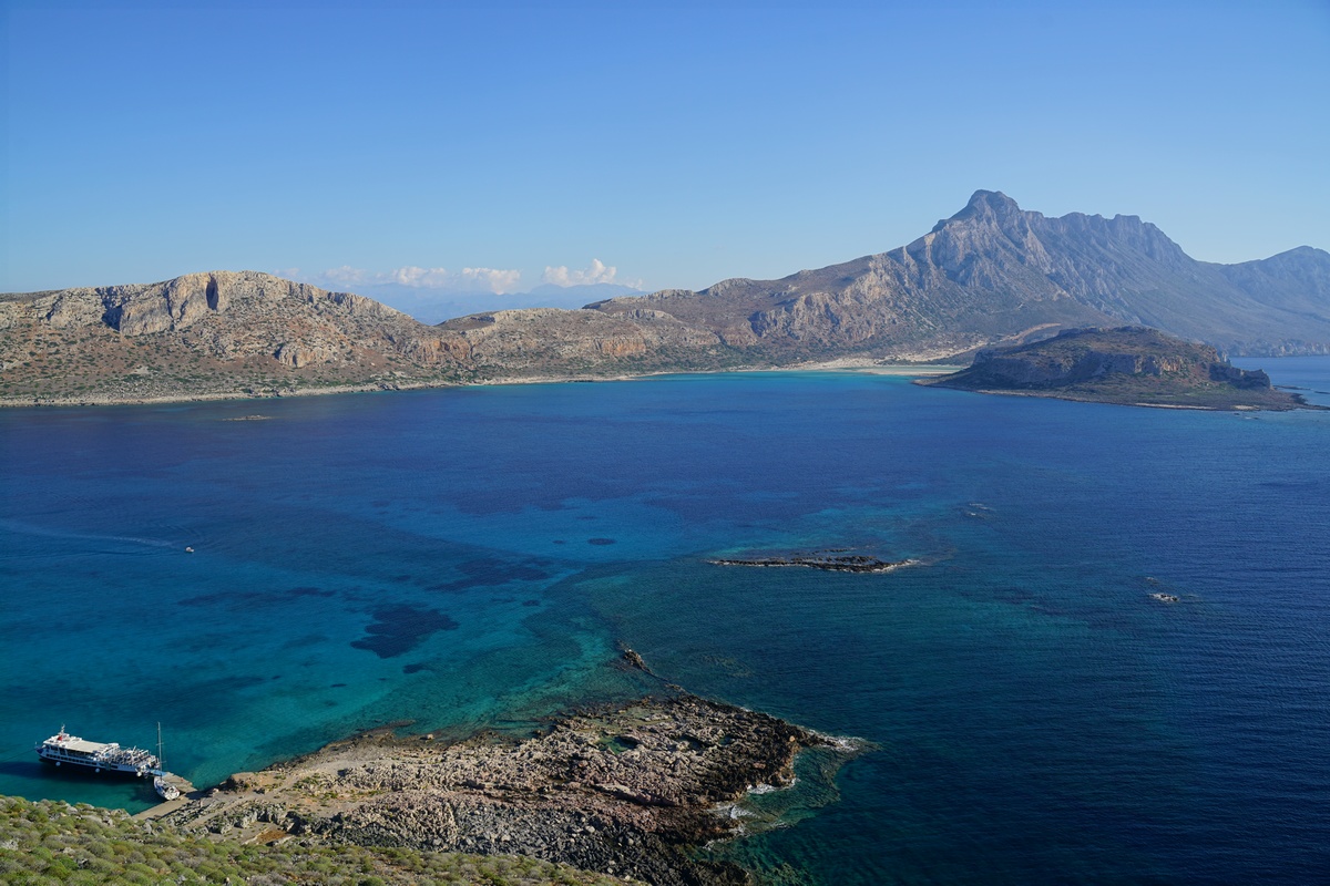 Blick von Ímeri Gramvoúsa auf die Bálos-Bucht vor Kreta