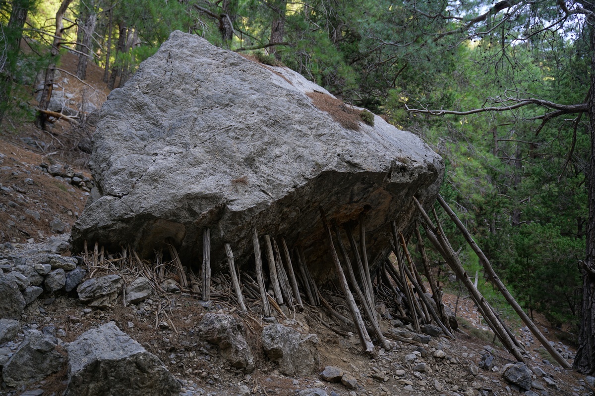 Ein Felsen in der Samariá-Schlucht auf Kreta wurde mit Ästen vorm Wegrollen gesichert