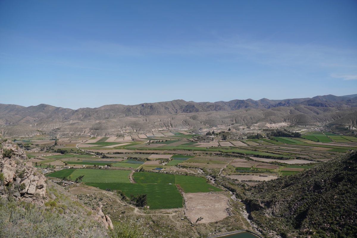 Blick von einem Felsen beim Snack’s Kactus an der Carretera Colca auf das Yura-Tal