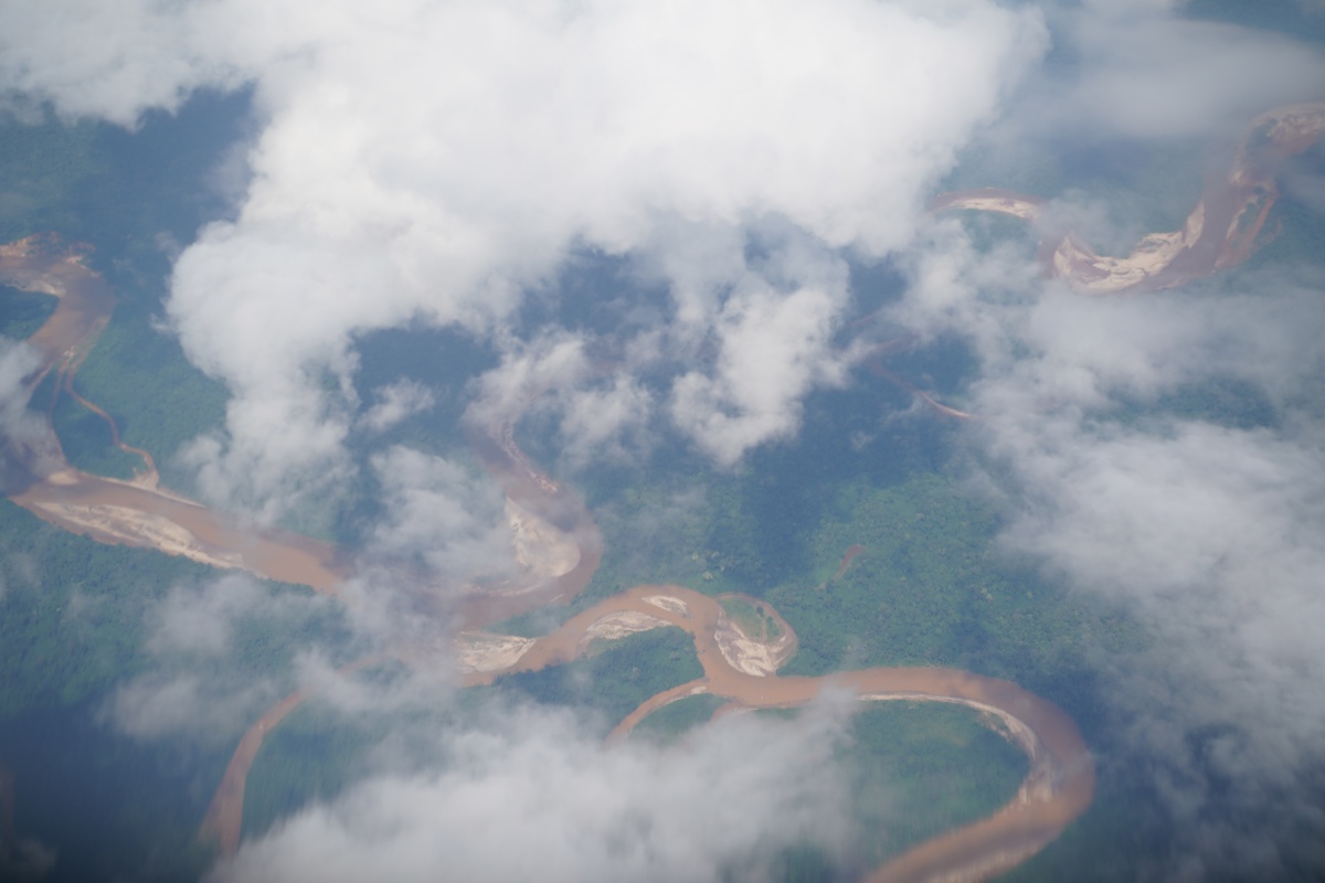 Luftbild eines Flusses im Amazonas-Dschungel, vermutlich der Tambopata
