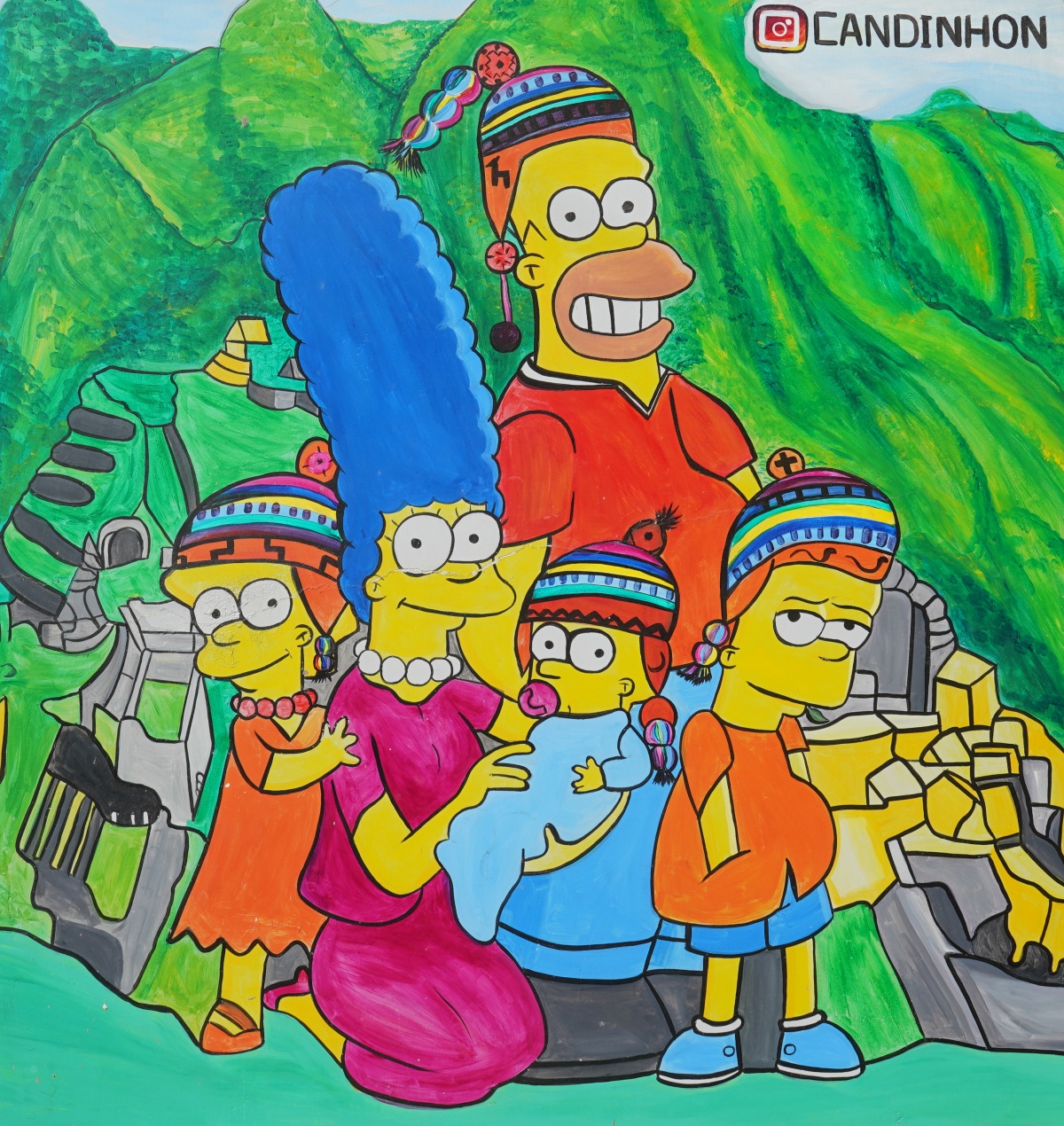 Waren auch schon in Peru: Die Simpsons. (Wandbild in Ollantaytambo; Lizenz: Panoramafreiheit)