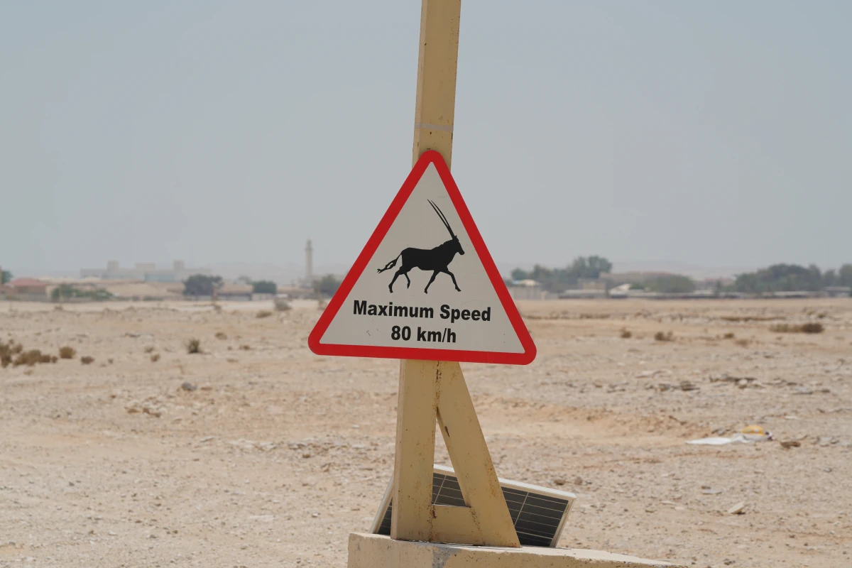 Ein Straßenschild in Katar bittet um Rücksicht auf Oryx
