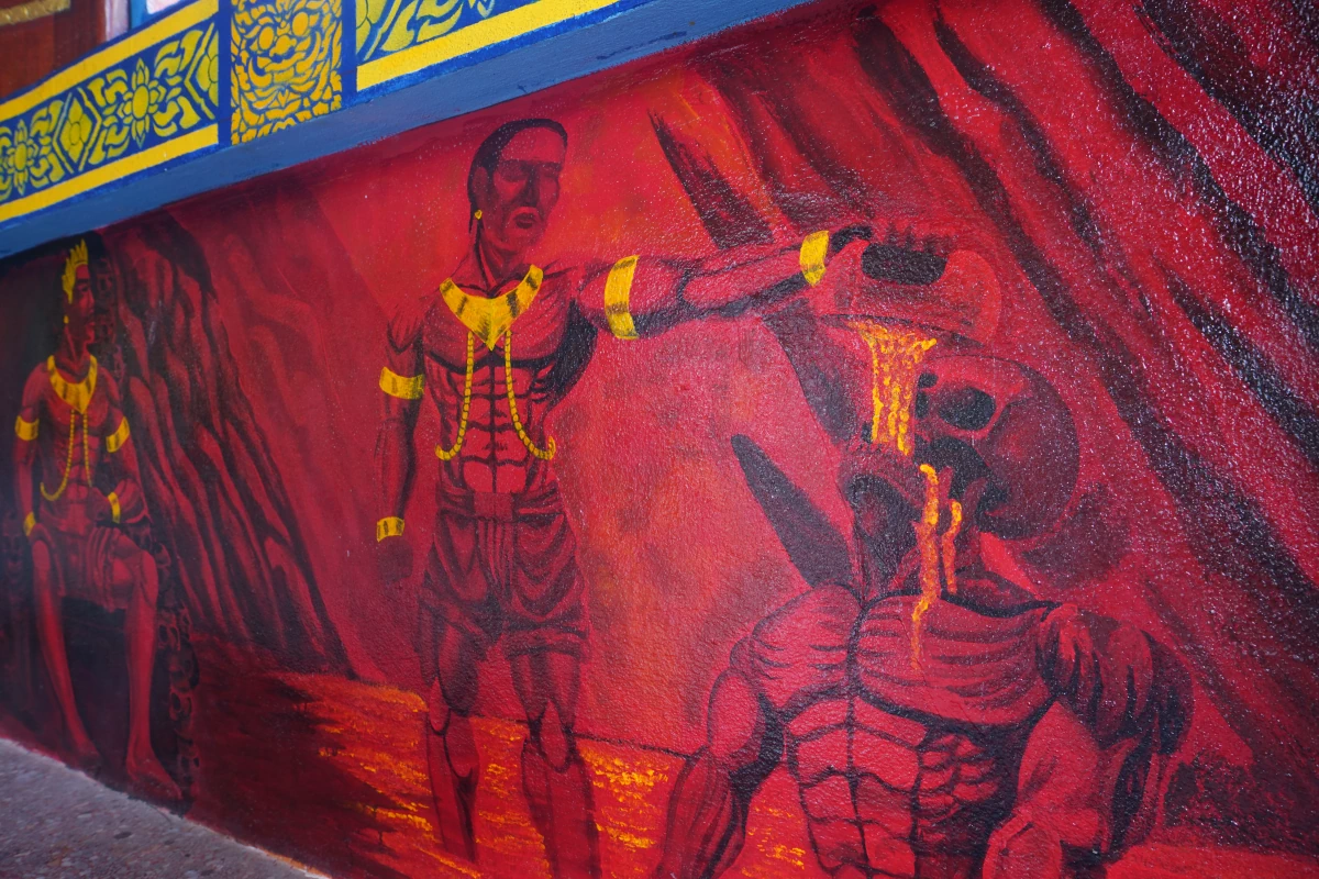 Wandmalerei in der Ordinationshalle des Affentempels Wat Tham Phanthurat in Khao Sok